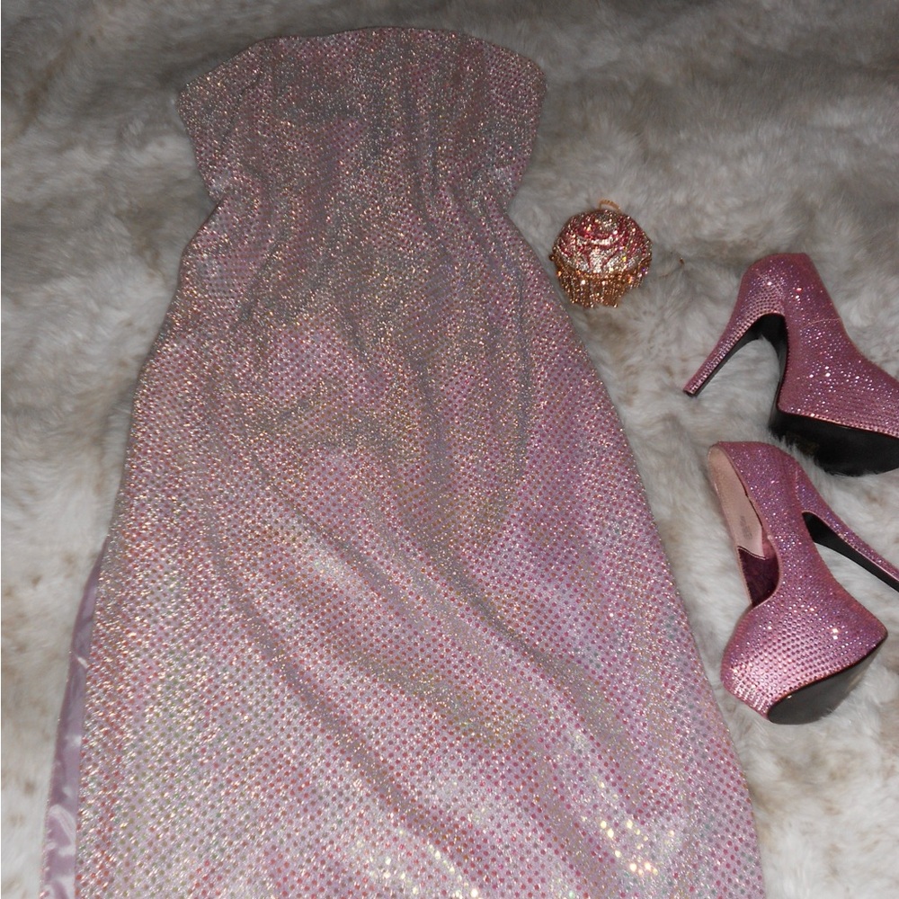 Pink/lilac sequin strapless midi dress with side slits